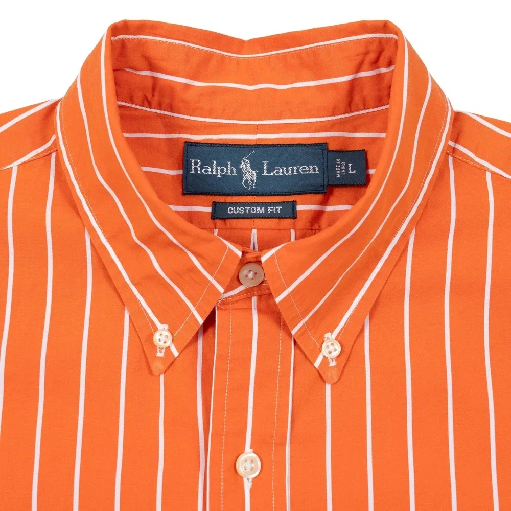 VTG Polo Ralph Lauren Button Down Shirt Mens L Orange Striped Custom‎ Fit Preppy
